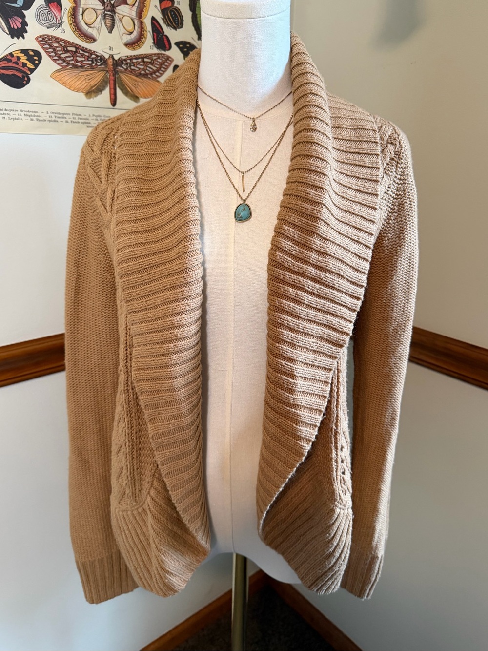 Open-Front Shawl Collar Cardigan - Camel/Tan size large